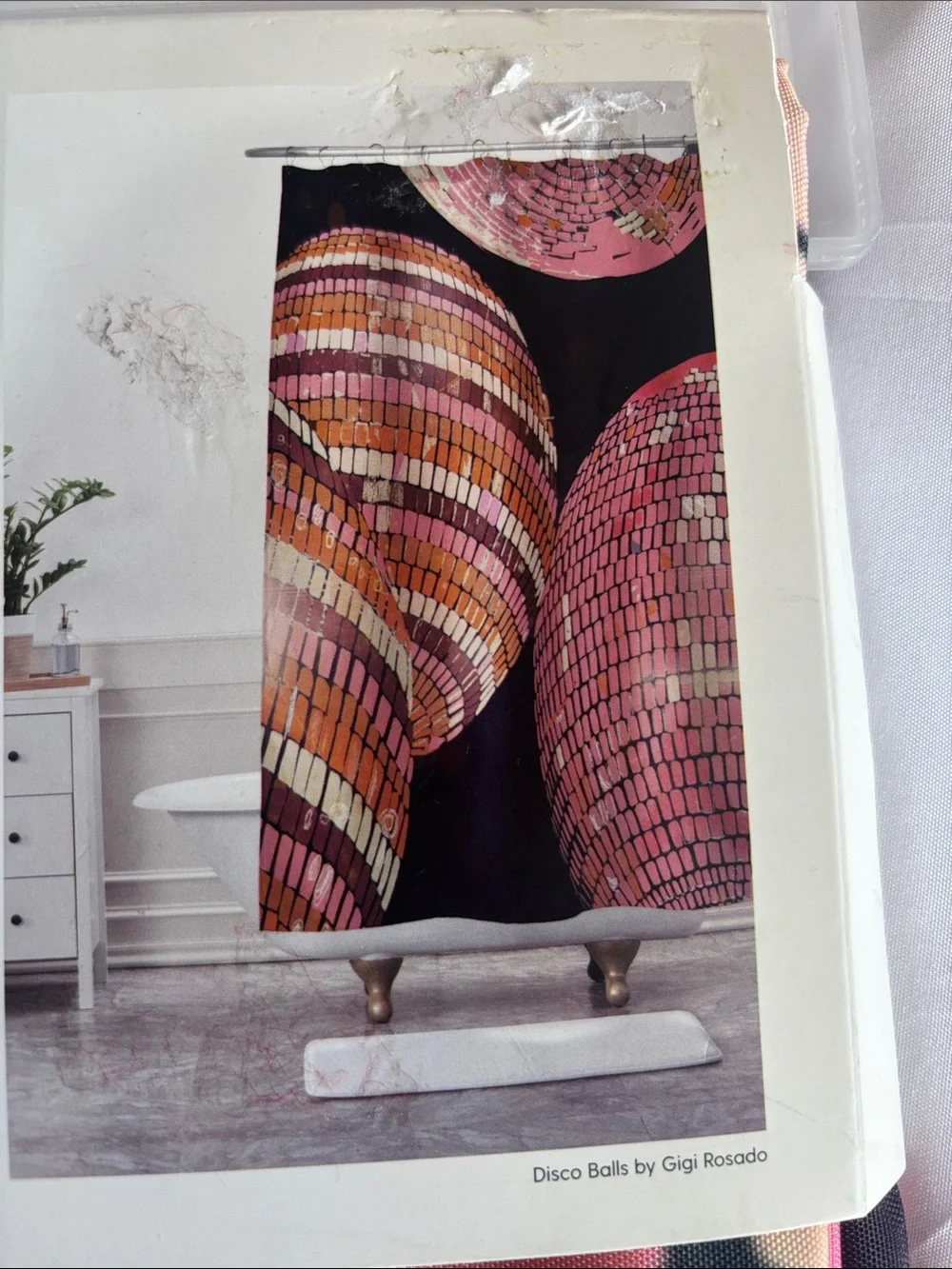 Society6 Pink and Black Mosaic Tile Shower Curtain measures 68 in x 72 in